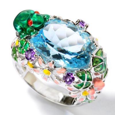SS BLUE TOPAZ FLORAL FROGG ENAMEL RING