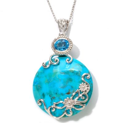 SS PENDANT CIRCLE TURQUOISE WITH BLUE TOPAZ BAIL