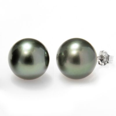111-591 - 14K White Gold 11-12mm Semi-Round Black Tahitian Cultured Pearl Stud Earrings