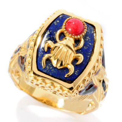 SS/PALL/18KGP RING EGYPTIAN SCARAB & PHAROH LAPIS W/ RED JADE & BLUE SAPH