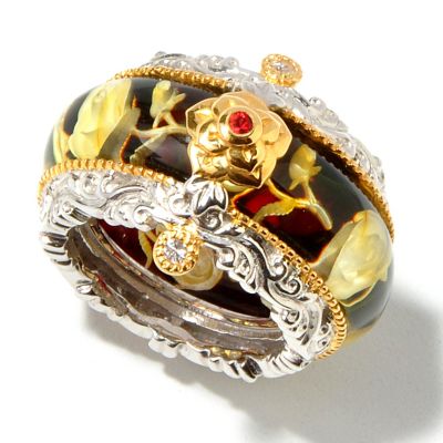 112-838 - Gems en Vogue II Carved Amber & Sapphire Accent Vintage Inspired Ring 