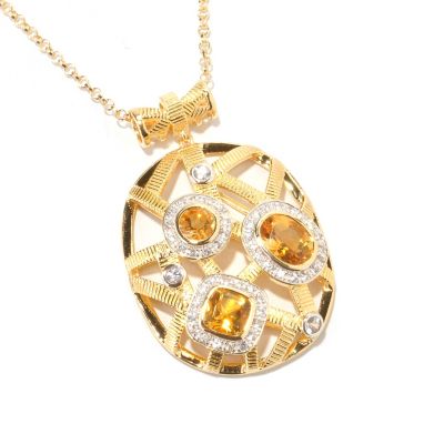 SS/18KV PEND CITRINE & WHT SAPH W/ CUTOUT DESIGN W/ 18" CHAIN