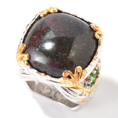 114-380 - Gems en Vogue II Cushion-Cut Black Pinfire Opal w/ Chrome Diopside Ring 