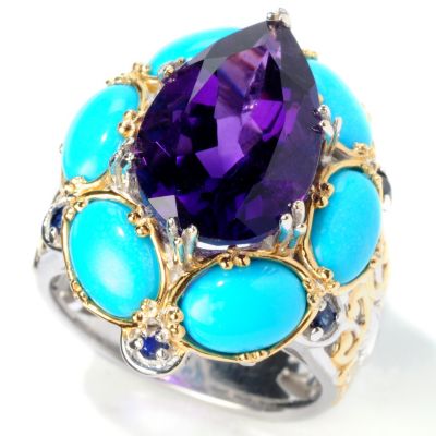 SS/PALL/18KGP RING PEAR-SHAPED AMETHYST & TURQUOISE CABS W/ BLUE SAPH