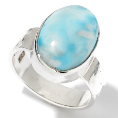 114-784 - Gem Insider Sterling Silver 14 x 10mm Oval Larimar Hammered Shank Ring