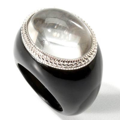 GI SS BLACK OBSIDIAN RING W/CRYSTAL & DRUSY FLUORITE DOUBLET