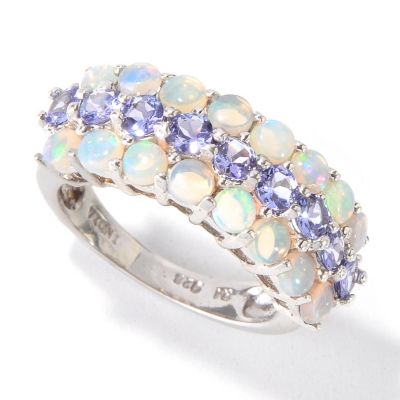 115-079 - Gem Insider Sterling Silver 3mm Three Row Tanzanite & Opal Ring