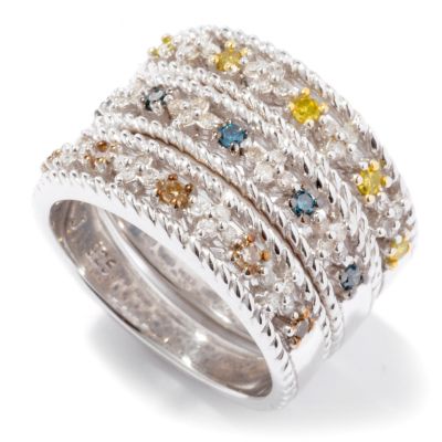 GT SS SET OF 3 DIAMOND STACK RINGS BLUE, YELLOW & MOCHA .50CTW