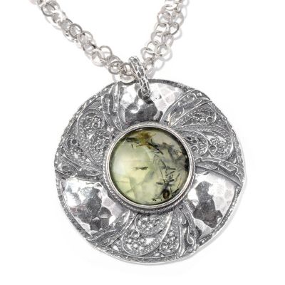 115-668 - Israeli Artisan Sterling Silver 20mm Green Rutilated Quartz Pendant w/Chain