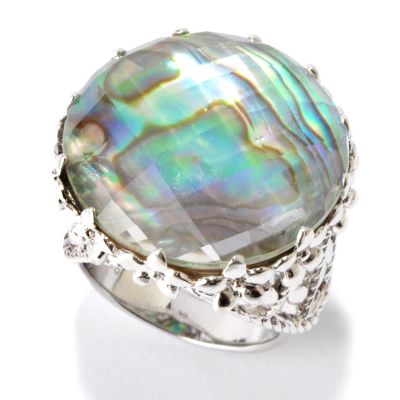 GI SS ROUND FACETED ROCK CRYSTAL DOUBLET WITH ABALONE SHELL