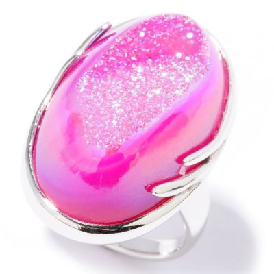 115-959 - Gem Insider Sterling Silver 16x27mm Oval Pink Drusy Ring
