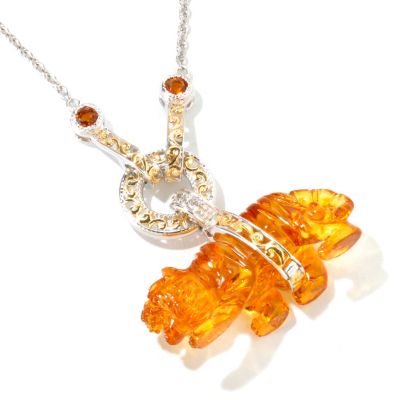 116-133 - Gems en Vogue II Carved Amber Tiger, Citrine & White Sapphire Pendant w/ Chain