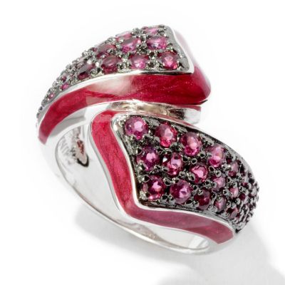 SS BYPASS RING WITH RED ENAMEL AND RHODOLITE