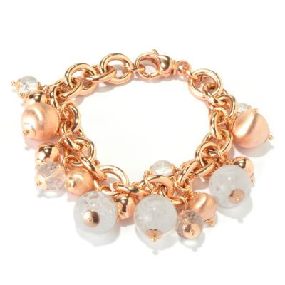 BRONZE/18KGP BRAC CRACKLED ROCK CRYSTAL QTZ W/ FACETED QTZ & BEAD CHARM