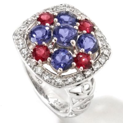 GI SS CUSHION SHAPE GEM RING BRAZ GARNET, IOLITE, WHITE SAPH