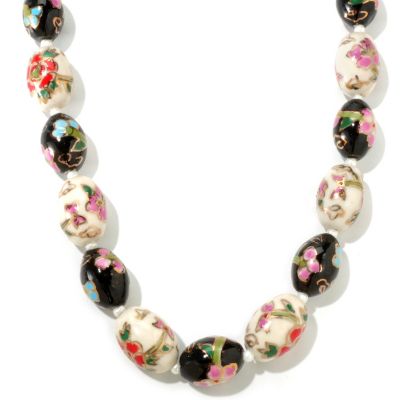 116-750 - Sterling Silver 25" Cultured Freshwater Pearl & Cloisonne Necklace