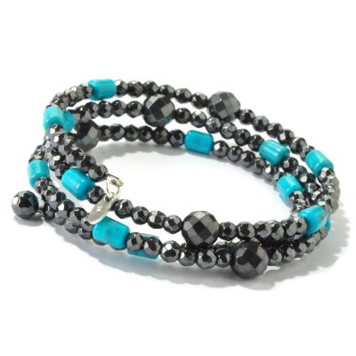 116-803 - Gem Insider Sterling Silver 7'' Hematite & Turquoise Coil Bracelet