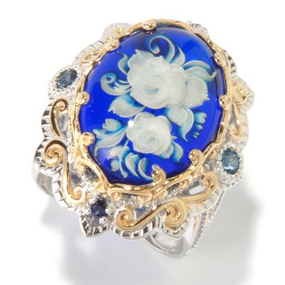 116-826 - Gems en Vogue II Rose Intaglio Blue Amber, London Blue Topaz & Sapphire Ring