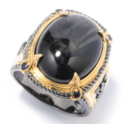 SS/PALL/18KGP & BLK RHOD RING BLACK HYPERSTHENE W/ BLK DIA