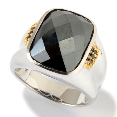 SS/PALL/18KGP RING FACETED HEMATITE W/ BLK DIA ACCENT