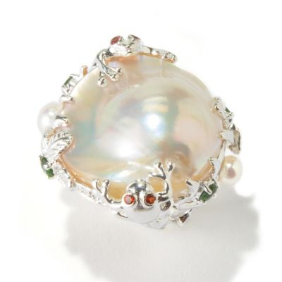 116-980 - Gem Treasures Sterling Silver 22mm Cultured Pearl & Gemstone Frog/Lily Pad Ring