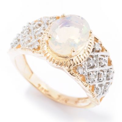 117-056 - Gem Insider 14K 9x7mm Ethiopian Opal & Diamond Grid Ring