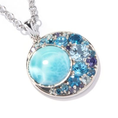 117-099 - Gem Insider Sterling Silver 12mm Larimar & Multi Gemstone Pendant w/ Chain