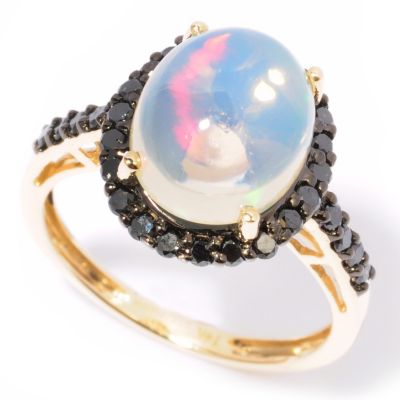 117-185 - Gem Insider 14K Gold 11 x 9mm Oval Opal & Black Diamond Ring