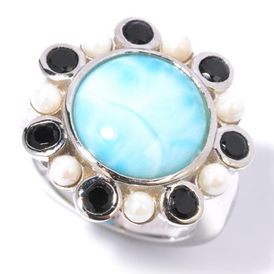 117-239 - Gem Insider Sterling Silver Larimar, Bleached Cultured Freshwater Pearl & Black Spinel Ring