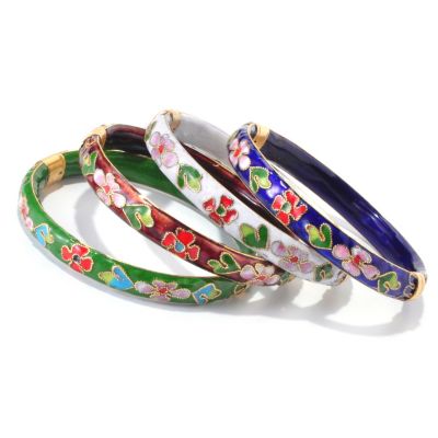SET OF FOUR CLOSIONNE FILIGREE HINGED BANGLES BOXED