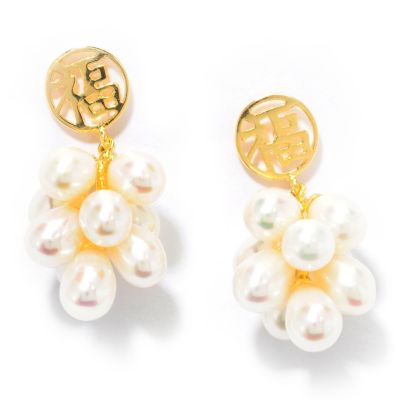 SS/GOLD PLATE WHITE FWP DROP EARRINGS W/CHINESE SYMBOL