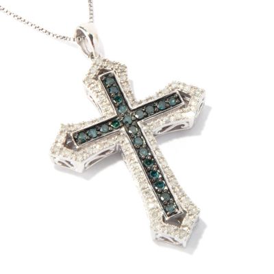 SS BLUE & WHITE DIAMOND CROSS PENDANT W/CHAIN .75CTW