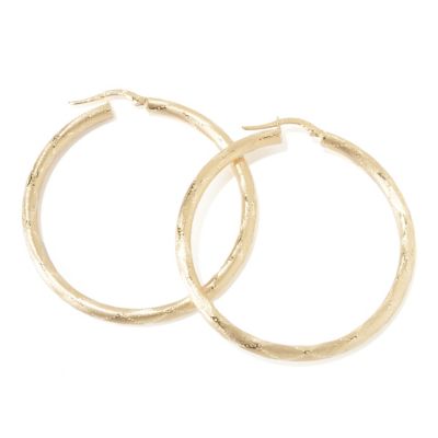 117-650 - SempreGold[ 14K Satin Diamond Pattern Hoop Earrings 3.6 grams