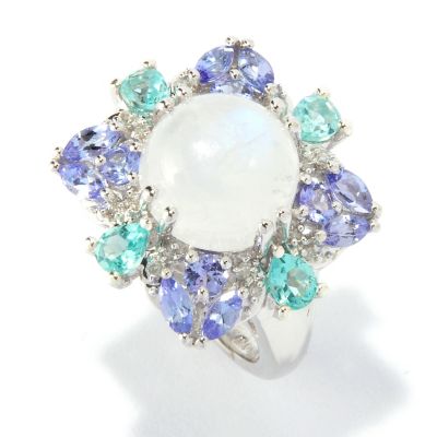 SS/PLAT RING RAINBOW MOONSTONE W/ APATITE & TANZANITE ACCENT