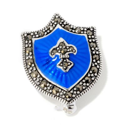 117-935 - Sterling Silver Blue Enamel & Marcasite Shield Pin