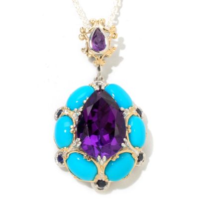 118-024 - Gems en Vogue II Pear-Cut Amethyst w/Blue Sapphire & Turquoise Accents Pendant w/Chain
