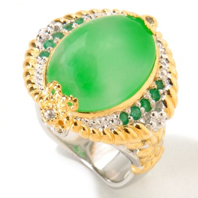 SS/PALL/18KV RING CHINESE GREEN JADE W/ ZAMBIAN EMERALD & WHT SAPH