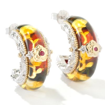 118-164 - Gems en Vogue II Carved Amber Rose Intaglio & Ruby J-Hoop Earrings