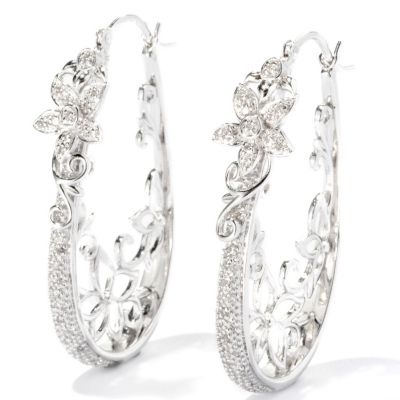SS WHITE DIAMOND ELONGATED HOOP W/FANCY METAL WORK EARRINGS