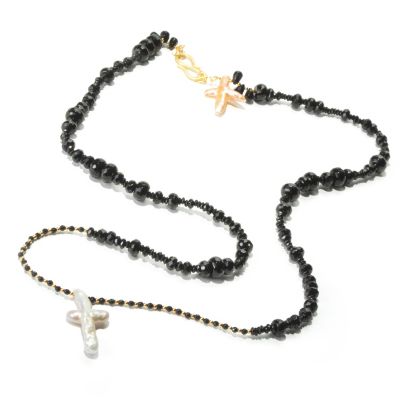 PW - SS/18KGP NECK FACETED BLK AGATE W/ PEARL CROSS "DOUBLE CROSSES"