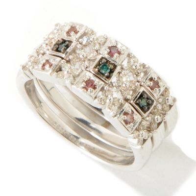 118-440 - Diamond Treasures Sterling Silver Pink & Blue Diamond Three-Ring Set 