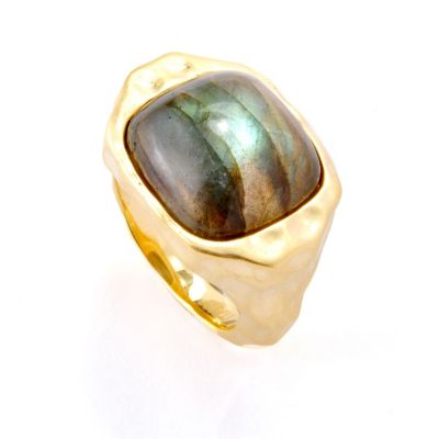 BRONZE/18KGP RING CUSHION GEM W/ MARTELLATO FINISH