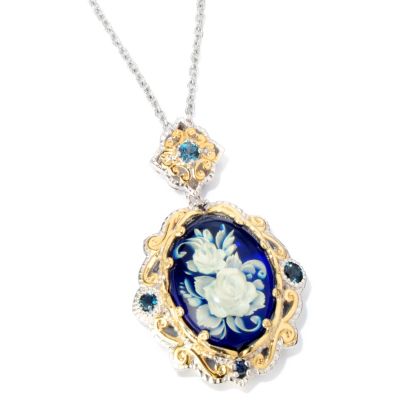 SS/PALL PEND HAND-CARVED ROSE INTAGLIO AMBER W/ LONDON BLUE TOPAZ & BLUE SAPH W/