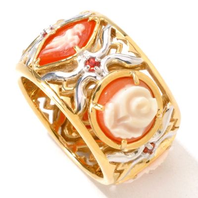 118-727 - Gems en Vogue II Hand Carved Multi Shell Cameo & Orange Sapphire Eternity Band Ring