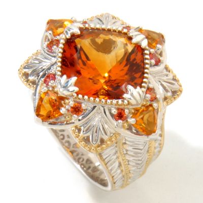 118-738 - Gems en Vogue II 6.62ctw Cushion Madeira Citrine & Orange Sapphire Ring