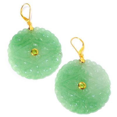 SS/GOLD PLATED CARVED GREEN JADE & GEMSTONE LEVERBACK EARRINGS