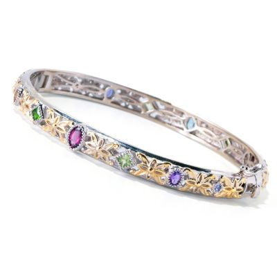 SS/PALL BRAC MULTI-GEMSTONE EXOTIC HINGED BANGLE