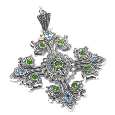 SS CROSS WITH CHROME,SWISS BLUE TOPAZ, MARCASITE AND BL DIAMOND