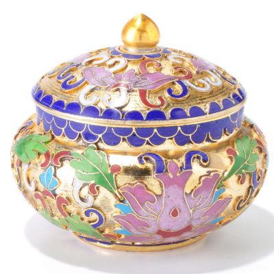 HAND MADE PINK LOTUS & GREEN LEAF CLOSIONNE JEWELRY BOX