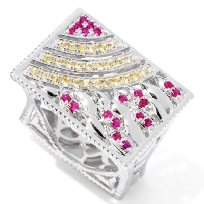 119-480 - Eugenio Designs Sterling Silver Ruby & Yellow Sapphire Rectangle Top Ring